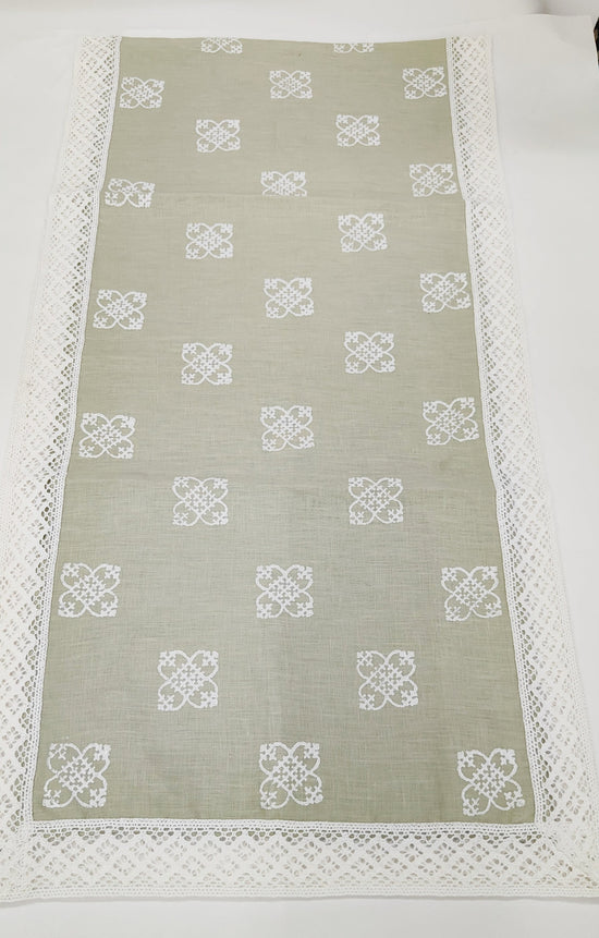Lime green linen runner with  lace and block print.