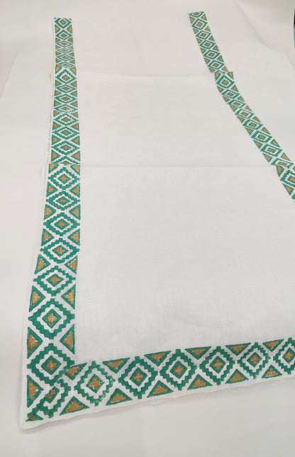 White linen runner with  block print.[ 2 colours available]