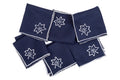 Navy blue  linen cocktail napkins with silver maple leaf embroidery.