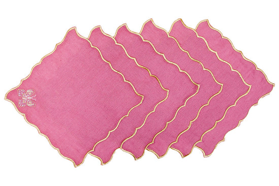 Rose pink  linen cocktail napkins with butterfly embroidery.