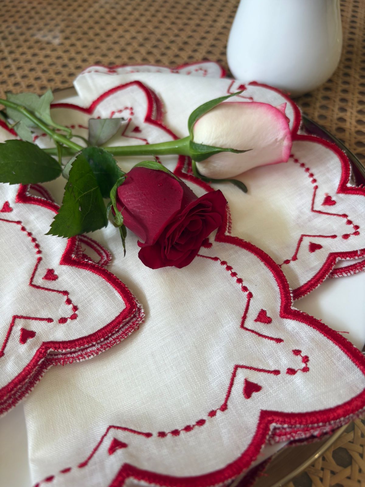 White linen heart embroidered cocktail napkins