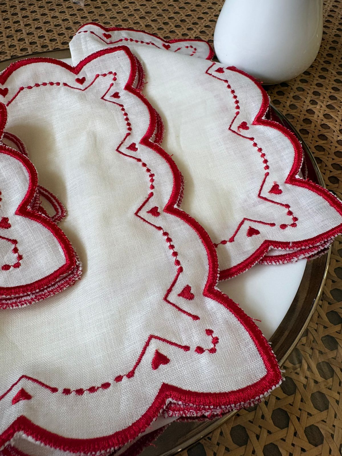 White linen heart embroidered cocktail napkins