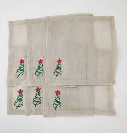 Linen christmas cocktail napkins with embroidered christmas tree.