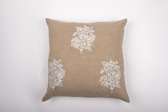 Natural-Coloured Linen Cushion Cover With Embroidered Flower Motifs