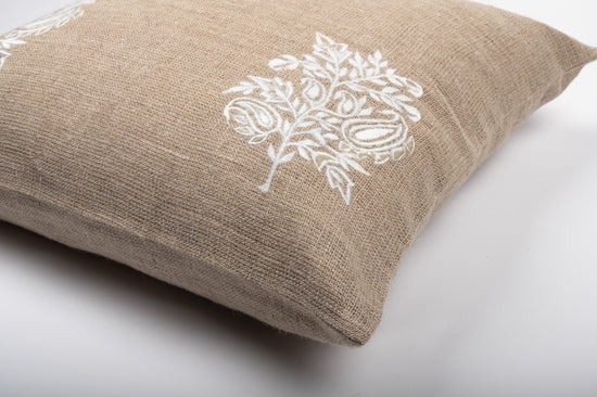 Natural-Coloured Linen Cushion Cover With Embroidered Flower Motifs