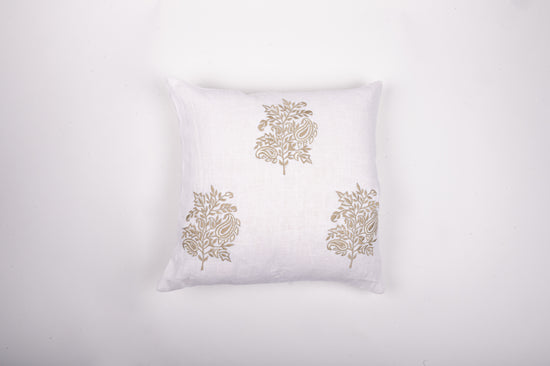 White Linen Cushion Cover With Embroidered  Flower Motifs