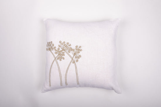 White Linen Cushion Cover With Dandelion Embroidery