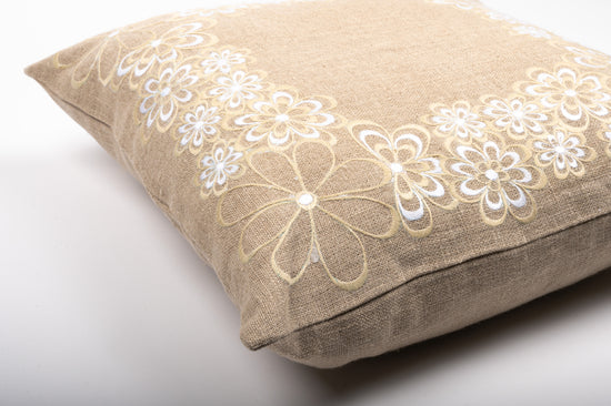 Natural-Coloured Linen Cushion Cover with Wreath Embroidery