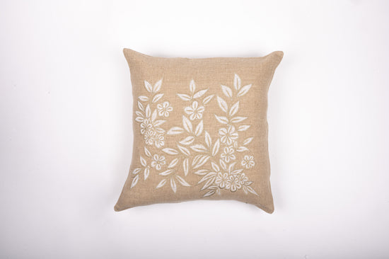 Natural Coloured Linen Cushion Cover with Embroidered Flowers & Leaves