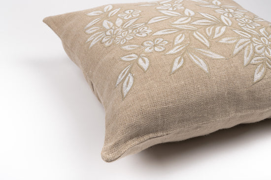 Natural Coloured Linen Cushion Cover with Embroidered Flowers & Leaves