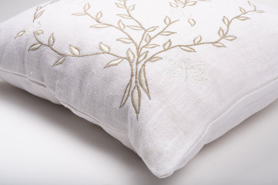 White Linen Cushion Cover with Floral & Butterfly Embroidery