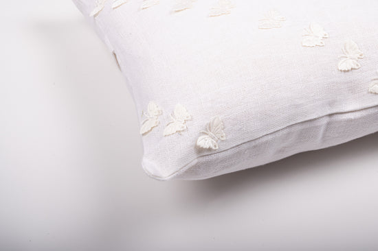 White Linen Cushion Cover With Appliqued Butterflies