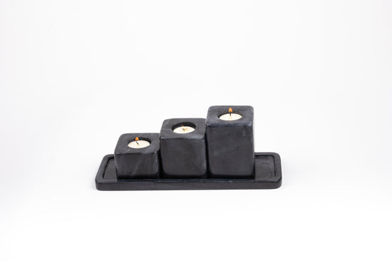 Triple Black Marble Block Candle Holder With Tray