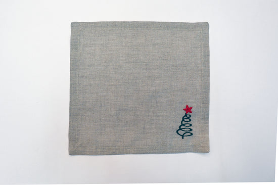 Linen christmas cocktail napkins with embroidered christmas tree.