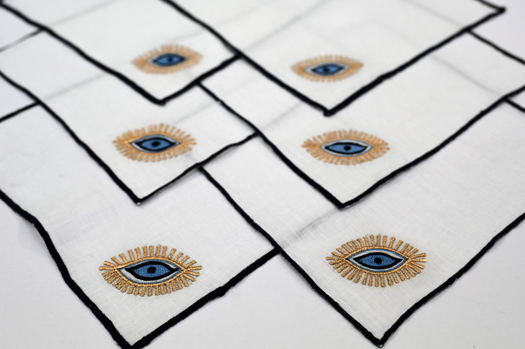 Evil eye white linen cocktail napkin