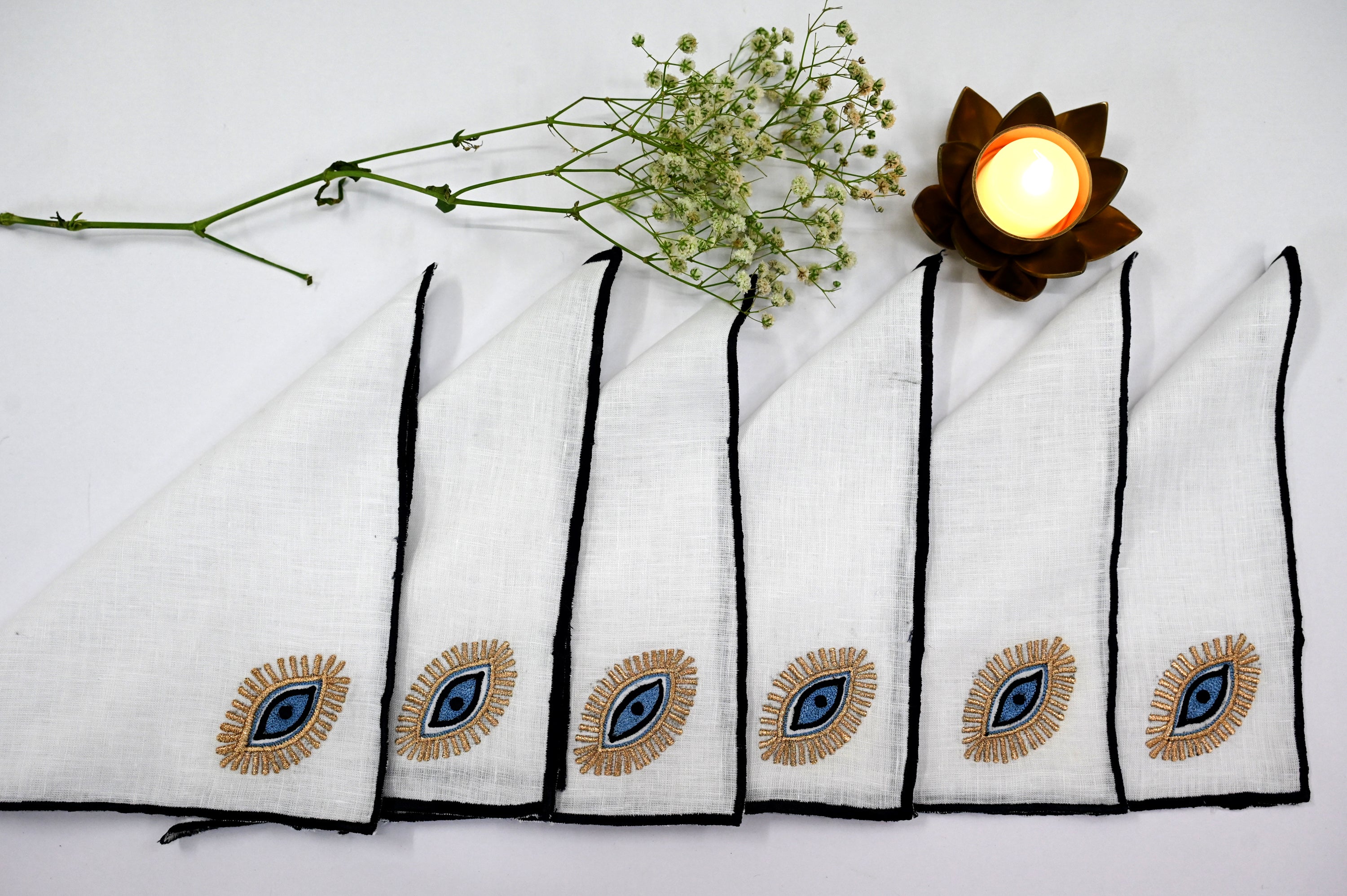 Evil eye white linen cocktail napkin