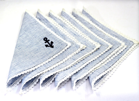 Blue and white striped linen embroidered cocktail napkins