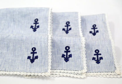 Blue and white striped linen embroidered cocktail napkins