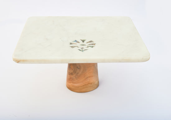 Square White Marble Cake Stand With Large Wooden Base And Mother of Pearl Inlay