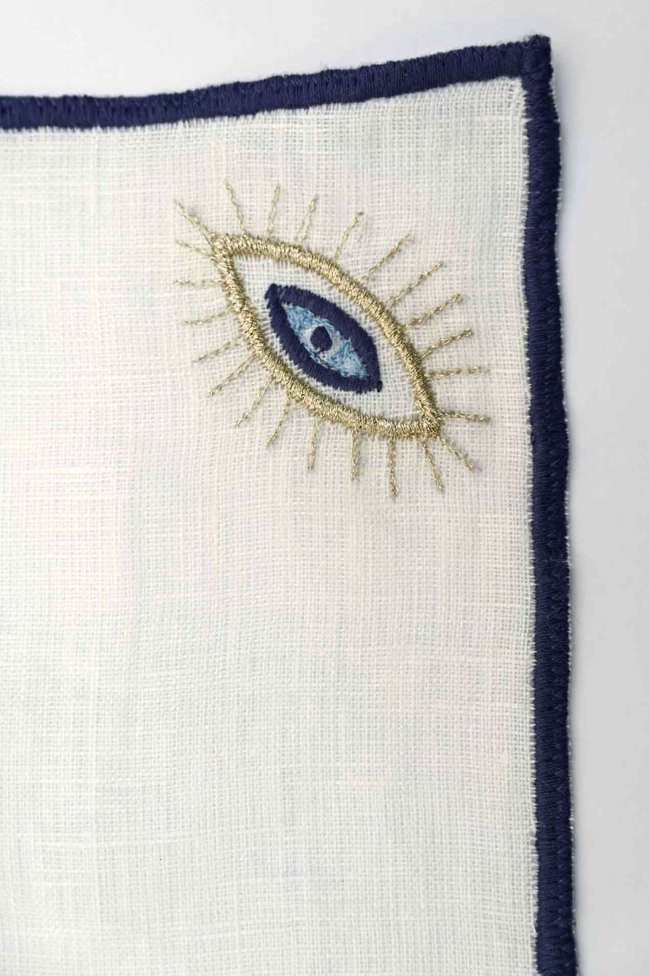 Evil eye white linen cocktail napkin