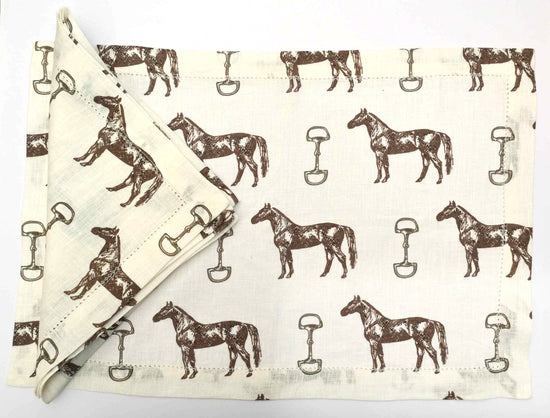 Horse print black and white linen placemats and napkins.